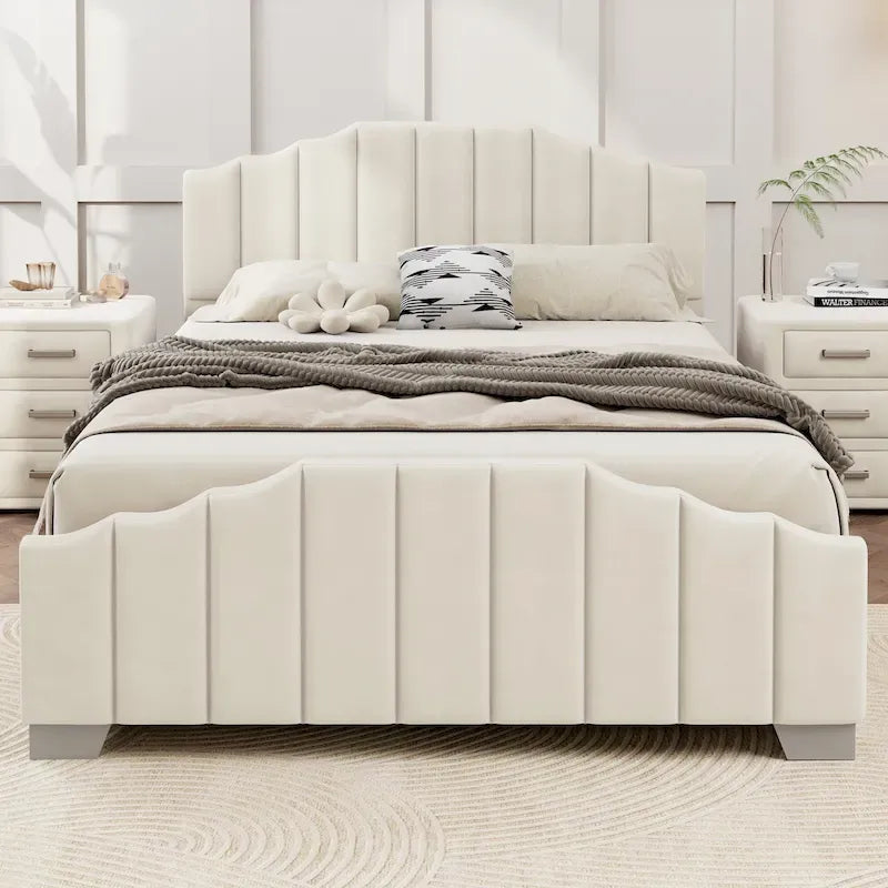 Full/Queen Size Platform Bed, Velvet Upholstered, Tufted Headboard and Footboard, No Box Spring, Beige