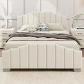 Full/Queen Size Platform Bed, Velvet Upholstered, Tufted Headboard and Footboard, No Box Spring, Beige