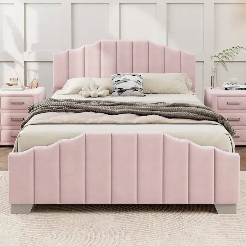 Full/Queen Size Platform Bed, Velvet Upholstered, Tufted Headboard and Footboard, No Box Spring, Beige