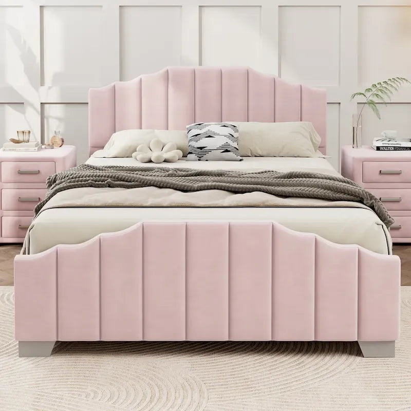 Full/Queen Size Platform Bed, Velvet Upholstered, Tufted Headboard and Footboard, No Box Spring, Beige