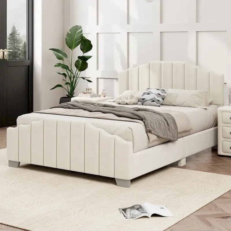 Full/Queen Size Platform Bed, Velvet Upholstered, Tufted Headboard and Footboard, No Box Spring, Beige