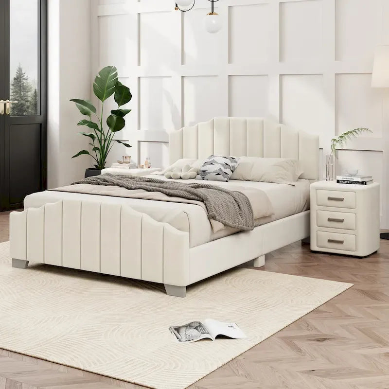Full/Queen Size Platform Bed, Velvet Upholstered, Tufted Headboard and Footboard, No Box Spring, Beige
