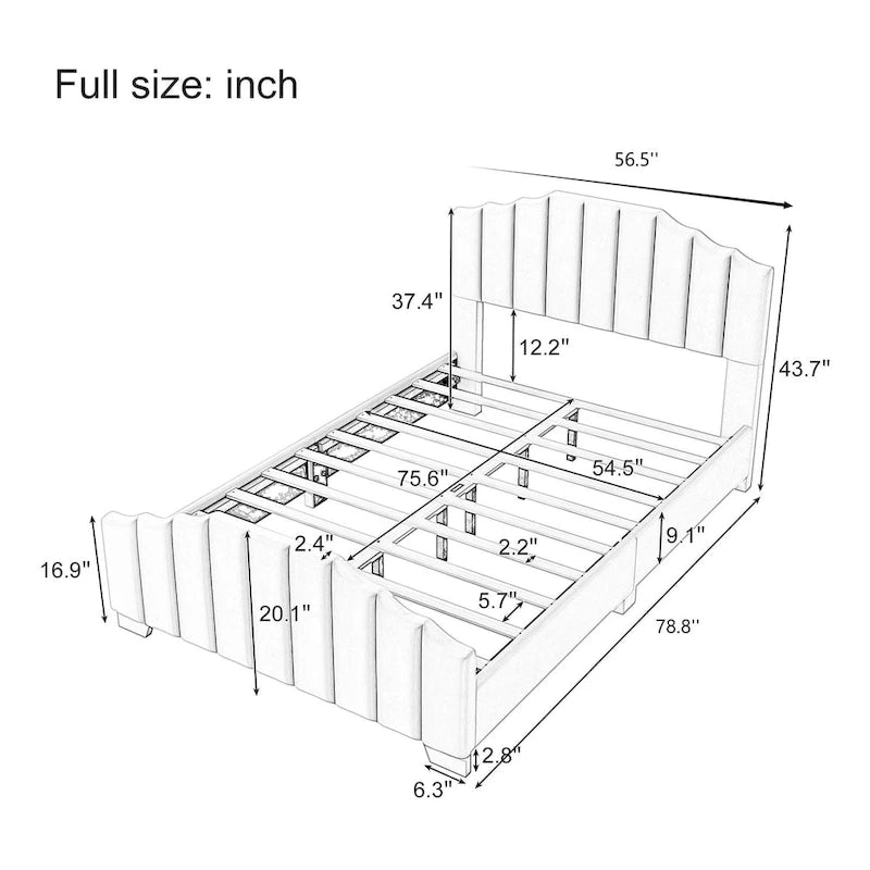 Full/Queen Size Platform Bed, Velvet Upholstered, Tufted Headboard and Footboard, No Box Spring, Beige