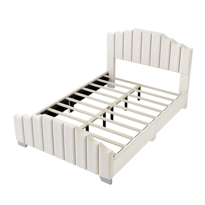 Full/Queen Size Platform Bed, Velvet Upholstered, Tufted Headboard and Footboard, No Box Spring, Beige