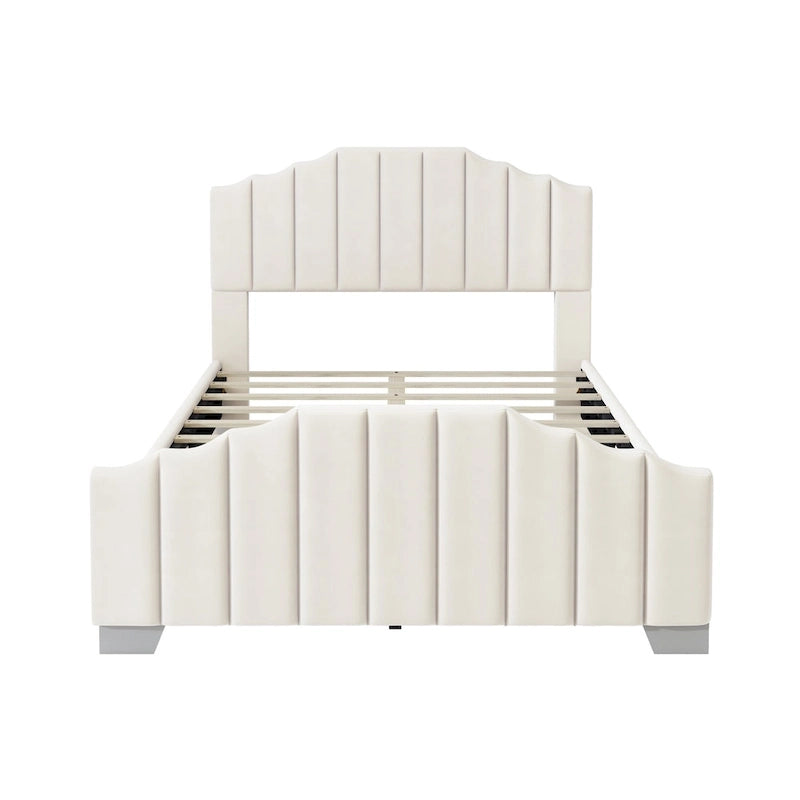 Full/Queen Size Platform Bed, Velvet Upholstered, Tufted Headboard and Footboard, No Box Spring, Beige