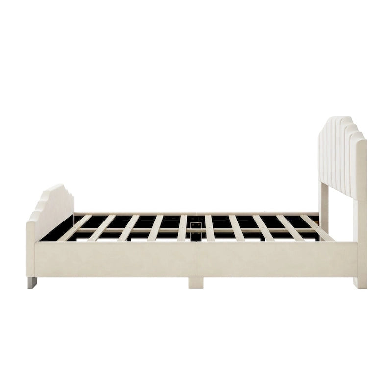 Full/Queen Size Platform Bed, Velvet Upholstered, Tufted Headboard and Footboard, No Box Spring, Beige