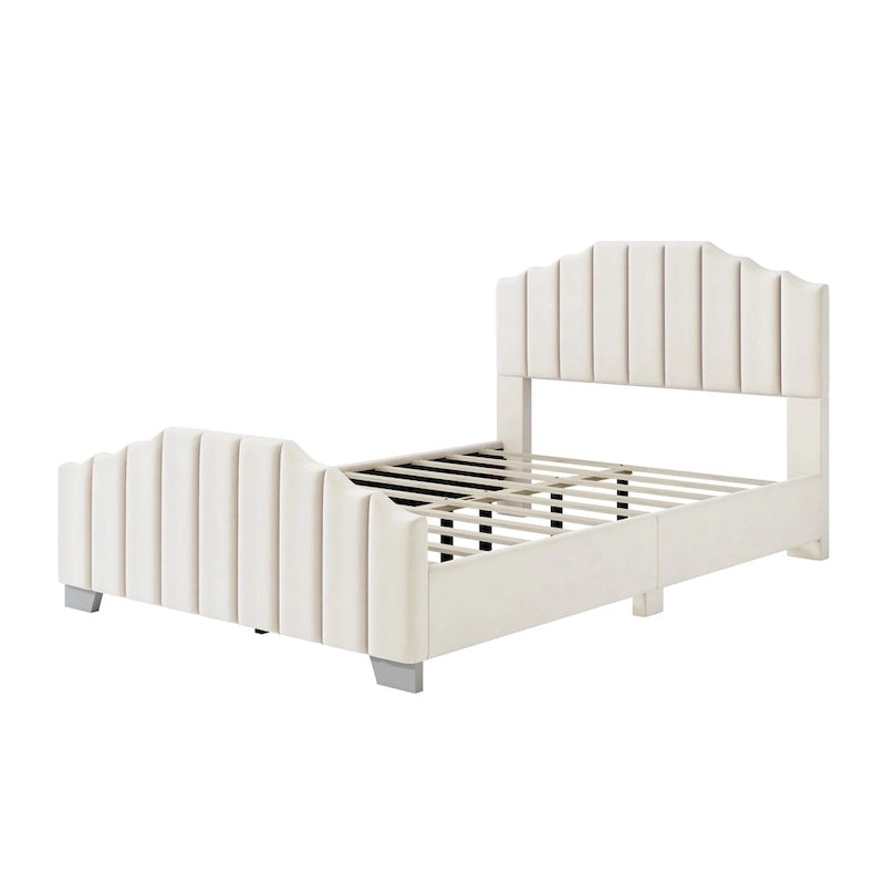 Full/Queen Size Platform Bed, Velvet Upholstered, Tufted Headboard and Footboard, No Box Spring, Beige