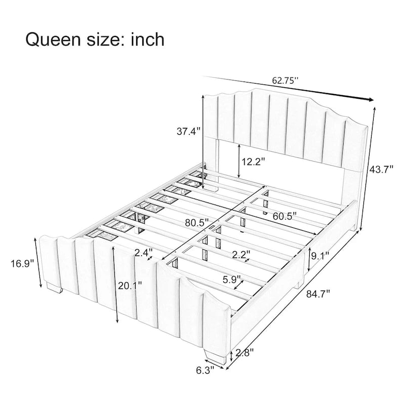 Full/Queen Size Platform Bed, Velvet Upholstered, Tufted Headboard and Footboard, No Box Spring, Beige
