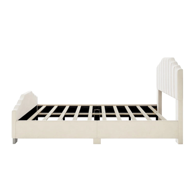 Full/Queen Size Platform Bed, Velvet Upholstered, Tufted Headboard and Footboard, No Box Spring, Beige