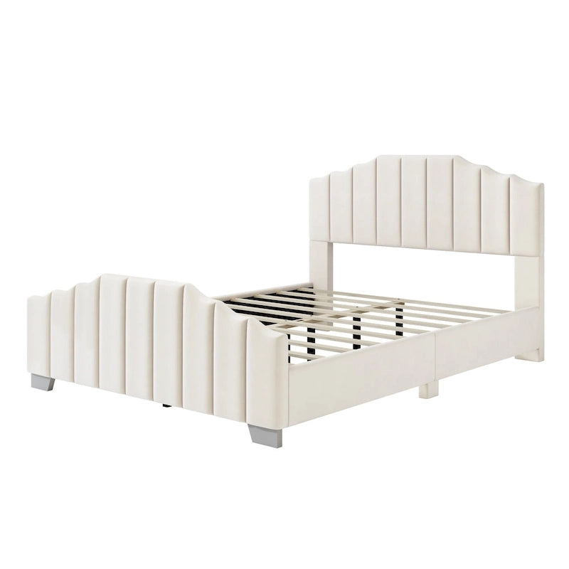 Full/Queen Size Platform Bed, Velvet Upholstered, Tufted Headboard and Footboard, No Box Spring, Beige