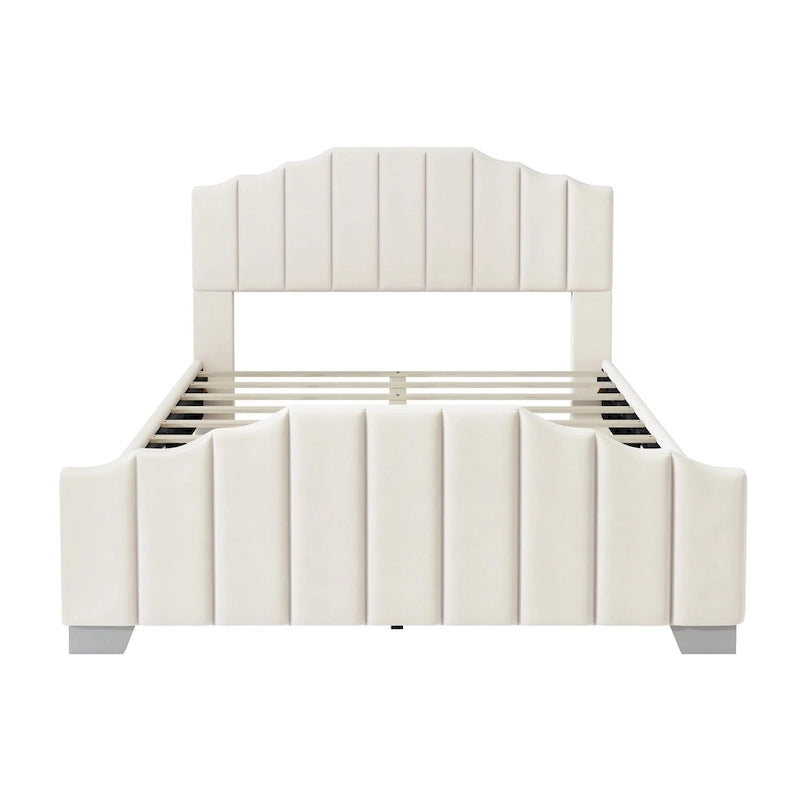 Full/Queen Size Platform Bed, Velvet Upholstered, Tufted Headboard and Footboard, No Box Spring, Beige