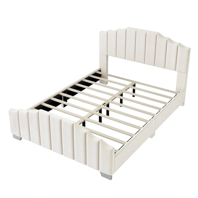 Full/Queen Size Platform Bed, Velvet Upholstered, Tufted Headboard and Footboard, No Box Spring, Beige