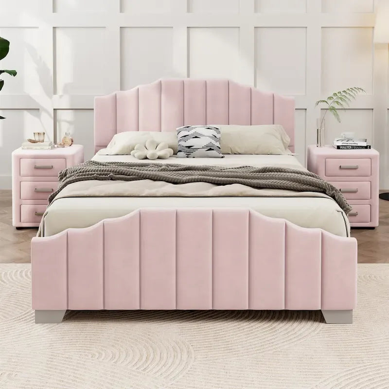 Full/Queen Size Platform Bed, Velvet Upholstered, Tufted Headboard and Footboard, No Box Spring, Beige