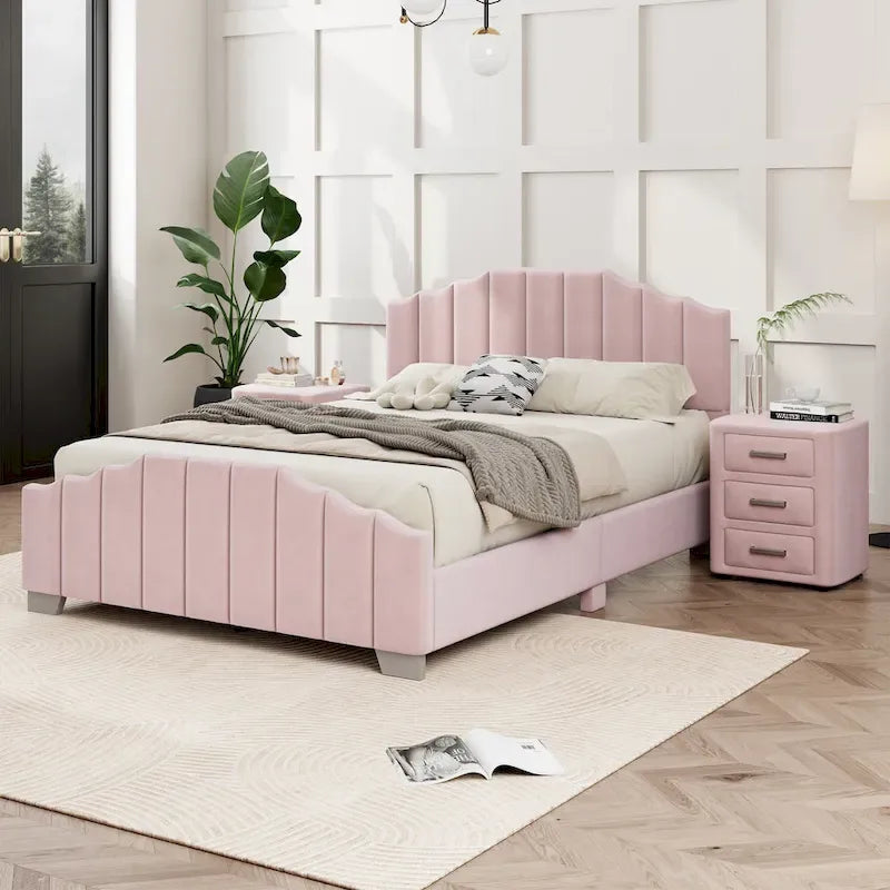 Full/Queen Size Platform Bed, Velvet Upholstered, Tufted Headboard and Footboard, No Box Spring, Beige