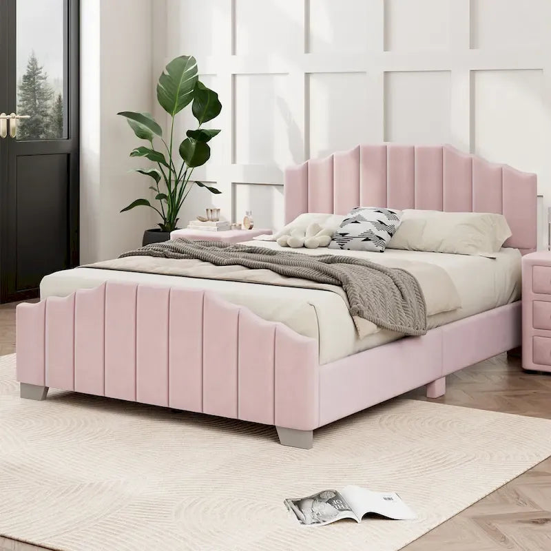 Full/Queen Size Platform Bed, Velvet Upholstered, Tufted Headboard and Footboard, No Box Spring, Beige