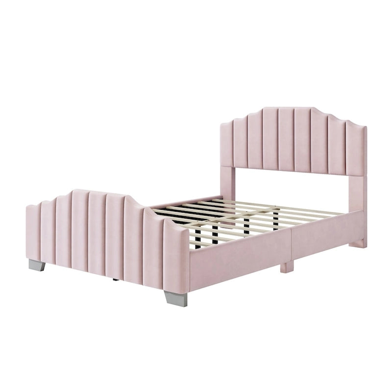 Full/Queen Size Platform Bed, Velvet Upholstered, Tufted Headboard and Footboard, No Box Spring, Beige