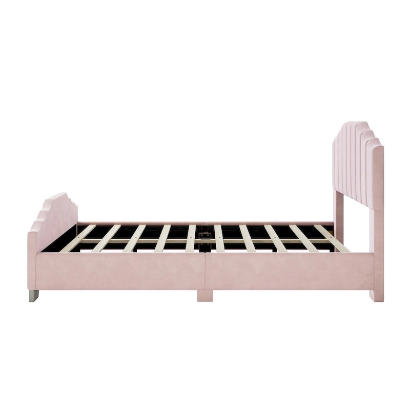 Full/Queen Size Platform Bed, Velvet Upholstered, Tufted Headboard and Footboard, No Box Spring, Beige