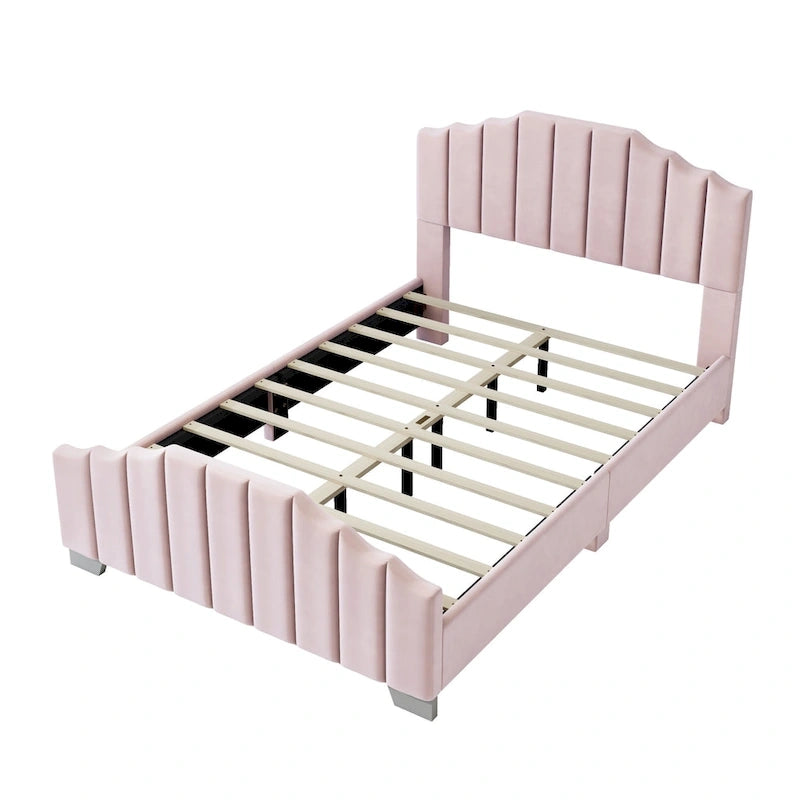 Full/Queen Size Platform Bed, Velvet Upholstered, Tufted Headboard and Footboard, No Box Spring, Beige