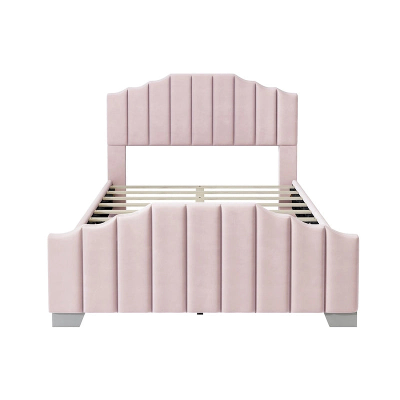 Full/Queen Size Platform Bed, Velvet Upholstered, Tufted Headboard and Footboard, No Box Spring, Beige