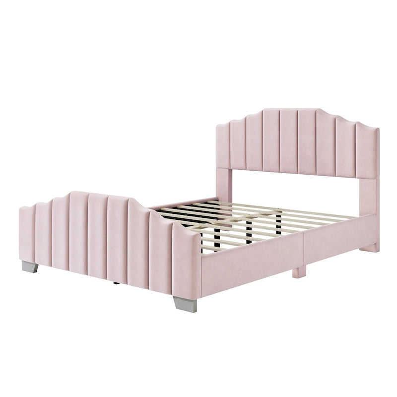 Full/Queen Size Platform Bed, Velvet Upholstered, Tufted Headboard and Footboard, No Box Spring, Beige