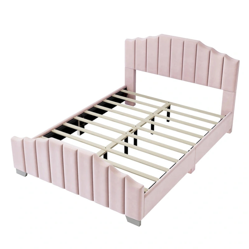 Full/Queen Size Platform Bed, Velvet Upholstered, Tufted Headboard and Footboard, No Box Spring, Beige