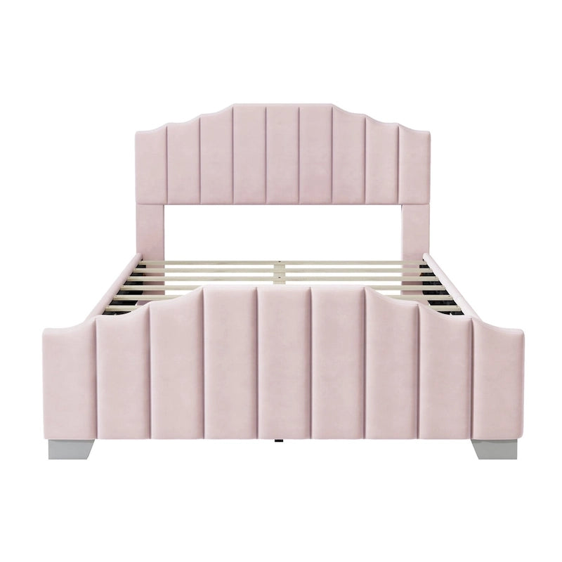Full/Queen Size Platform Bed, Velvet Upholstered, Tufted Headboard and Footboard, No Box Spring, Beige