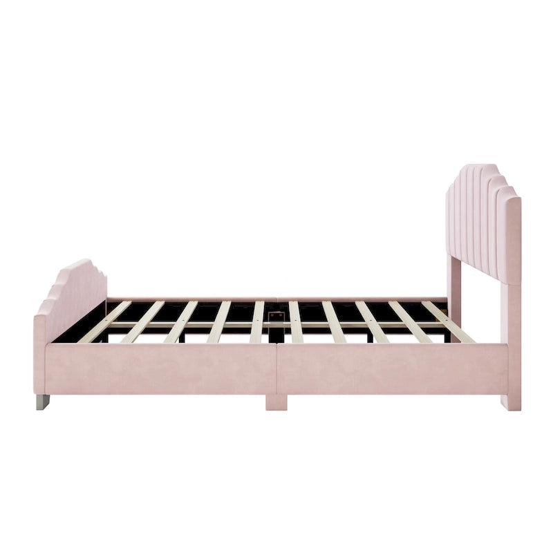 Full/Queen Size Platform Bed, Velvet Upholstered, Tufted Headboard and Footboard, No Box Spring, Beige