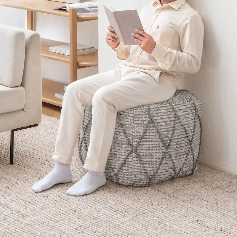 Pouf Ottoman - Cotton-Blend Upholstery with Firm EPP Bead Filling - Footrest or Extra Seating