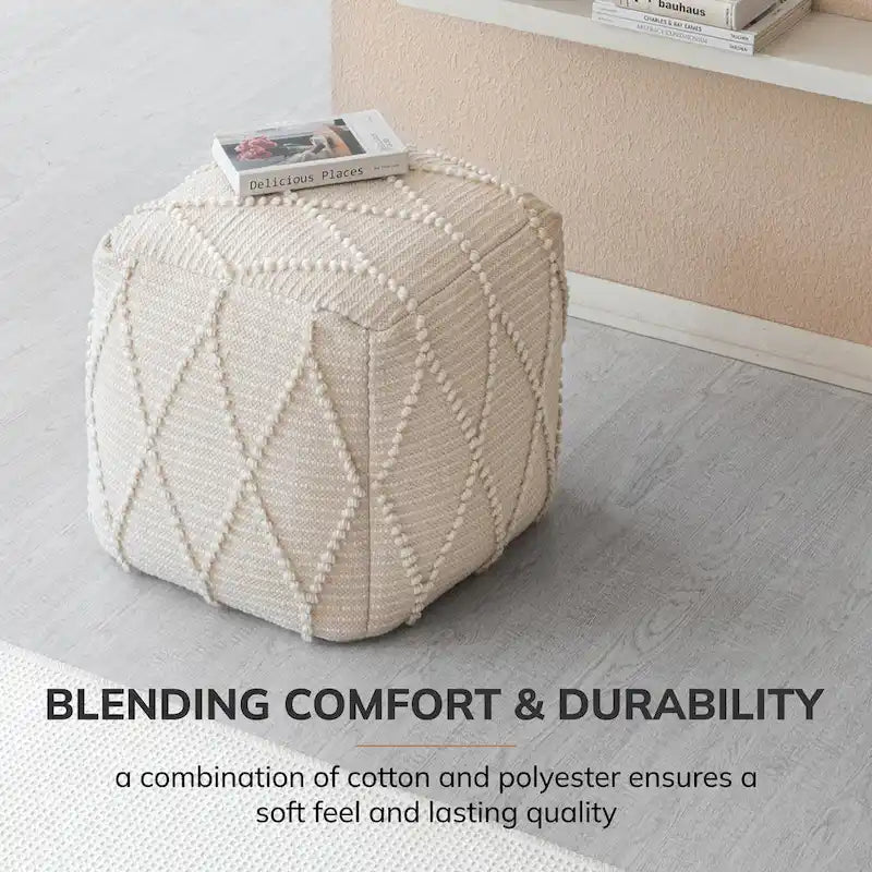 Pouf Ottoman - Cotton-Blend Upholstery with Firm EPP Bead Filling - Footrest or Extra Seating