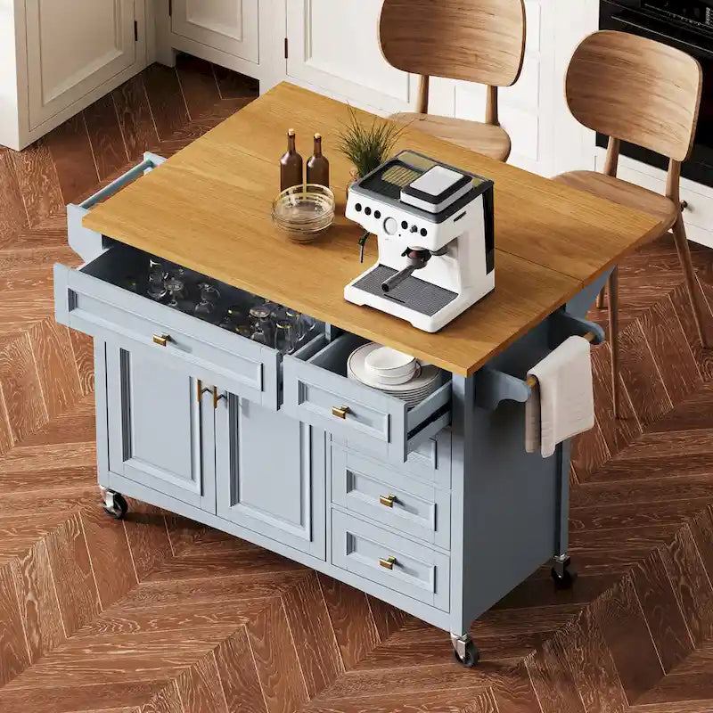 52 Kitchen Island with Drop Leaf, Embossed Texture Kitchen Island on Wheels with Spice Rack, Towel Rack, 2 Doors & 5 Drawers