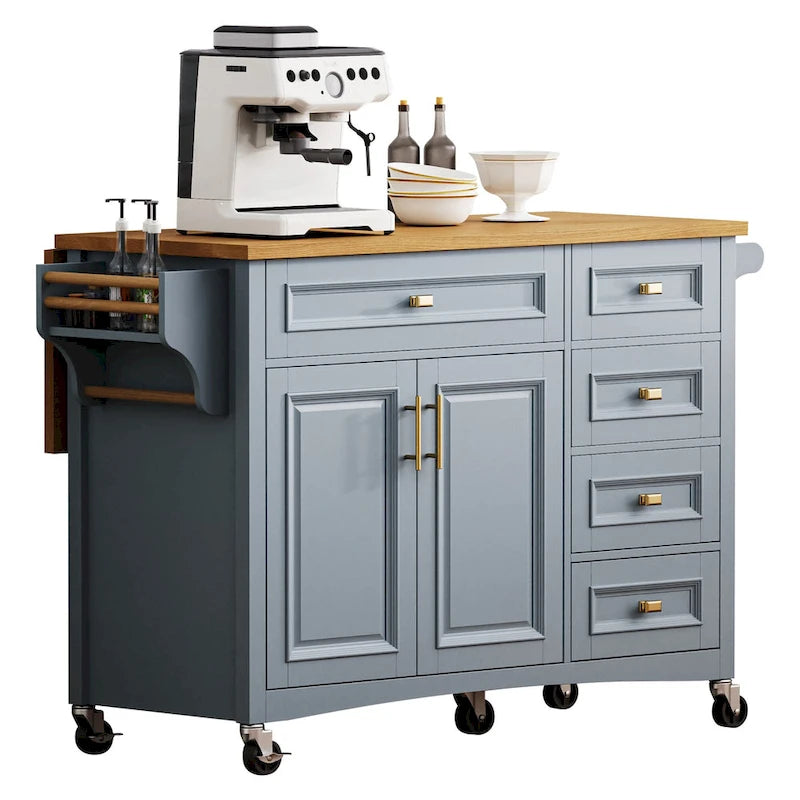 52 Kitchen Island with Drop Leaf, Embossed Texture Kitchen Island on Wheels with Spice Rack, Towel Rack, 2 Doors & 5 Drawers