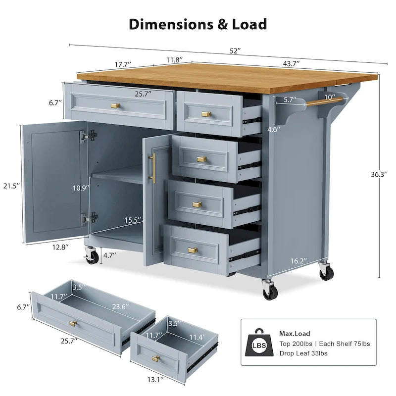 52 Kitchen Island with Drop Leaf, Embossed Texture Kitchen Island on Wheels with Spice Rack, Towel Rack, 2 Doors & 5 Drawers