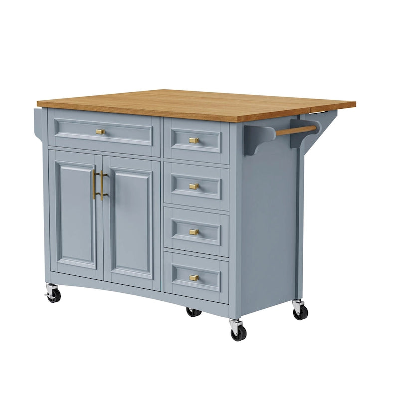 52 Kitchen Island with Drop Leaf, Embossed Texture Kitchen Island on Wheels with Spice Rack, Towel Rack, 2 Doors & 5 Drawers