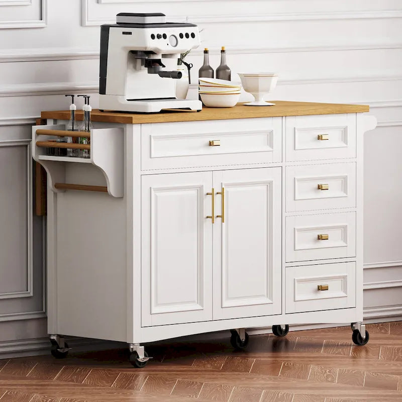 52 Kitchen Island with Drop Leaf, Embossed Texture Kitchen Island on Wheels with Spice Rack, Towel Rack, 2 Doors & 5 Drawers