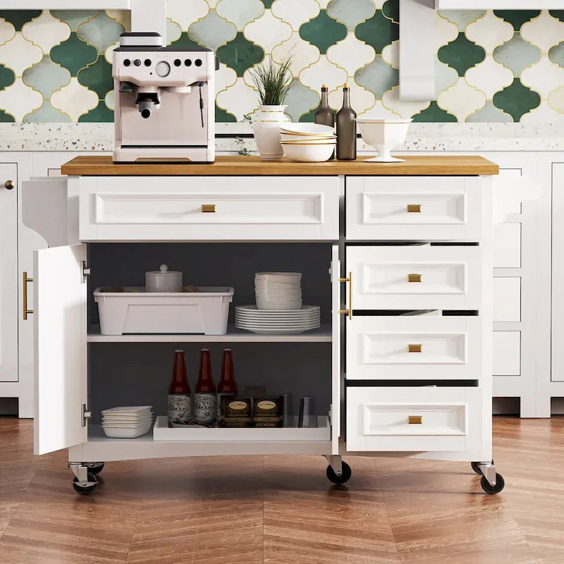 52 Kitchen Island with Drop Leaf, Embossed Texture Kitchen Island on Wheels with Spice Rack, Towel Rack, 2 Doors & 5 Drawers