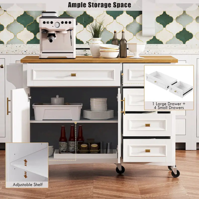 52 Kitchen Island with Drop Leaf, Embossed Texture Kitchen Island on Wheels with Spice Rack, Towel Rack, 2 Doors & 5 Drawers