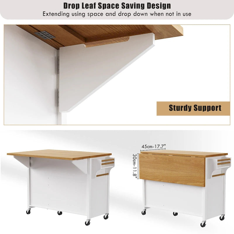 52 Kitchen Island with Drop Leaf, Embossed Texture Kitchen Island on Wheels with Spice Rack, Towel Rack, 2 Doors & 5 Drawers