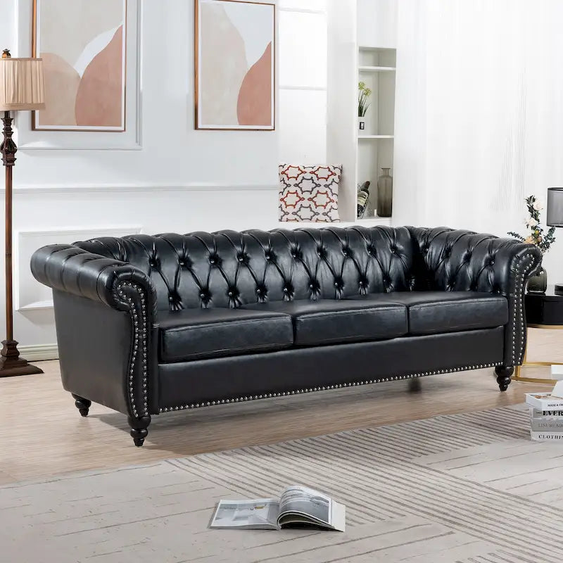Divano Chesterfield a 3 posti in finta pelle con braccioli arrotolati