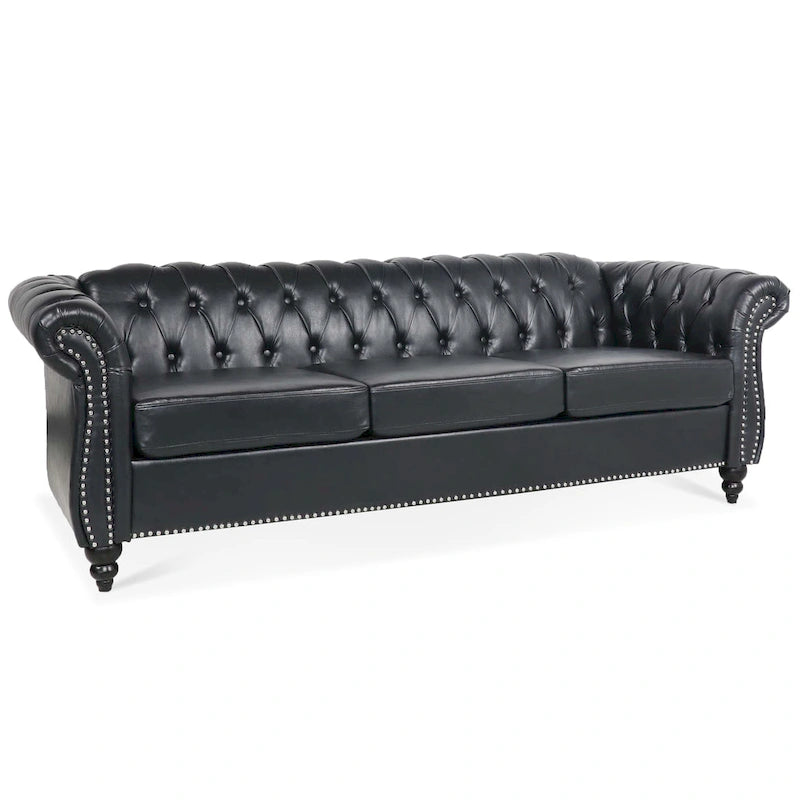 Divano Chesterfield a 3 posti in finta pelle con braccioli arrotolati
