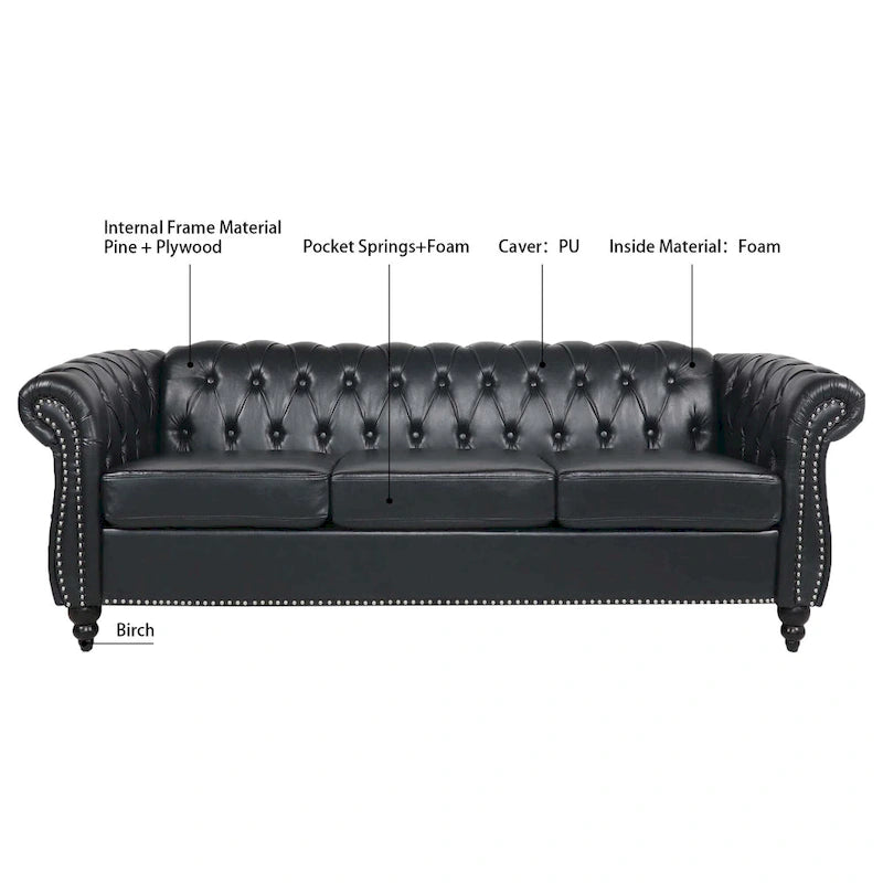 Divano Chesterfield a 3 posti in finta pelle con braccioli arrotolati