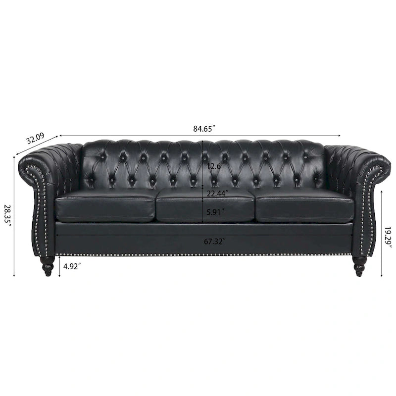 Divano Chesterfield a 3 posti in finta pelle con braccioli arrotolati