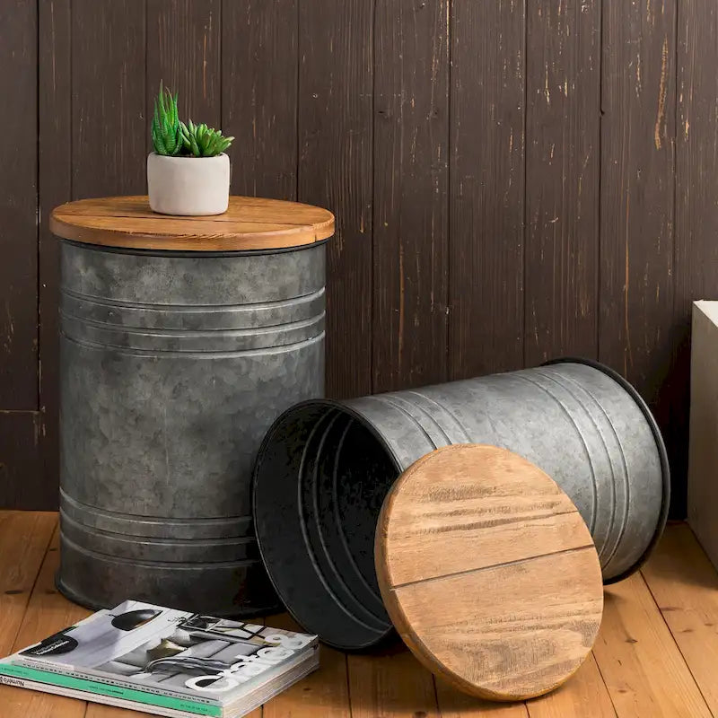 Set of 2 Farmhouse End Table Storage Ottoman - 19"H