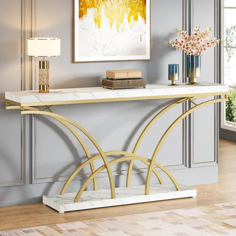 70.9 Inch Console Table with Gold Legs and Faux Marble Top