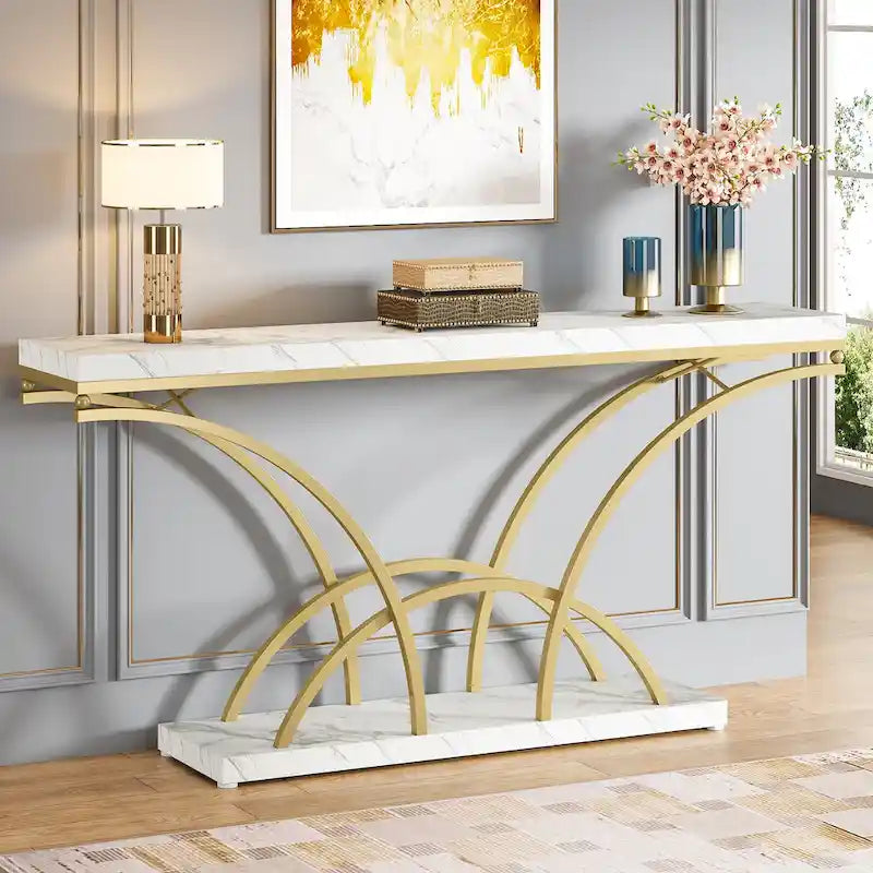 70.9 Inch Console Table with Gold Legs and Faux Marble Top