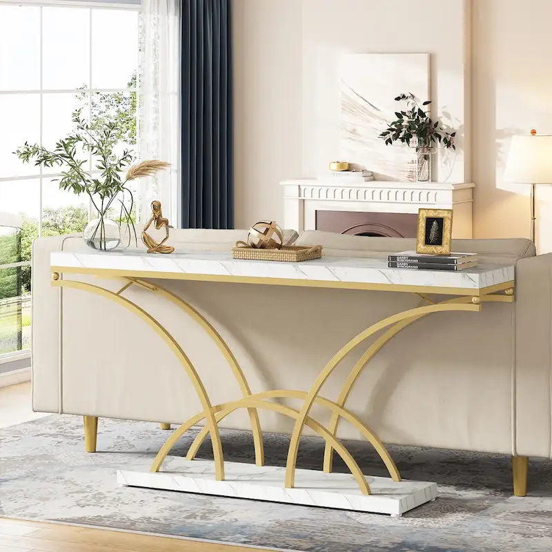 70.9 Inch Console Table with Gold Legs and Faux Marble Top