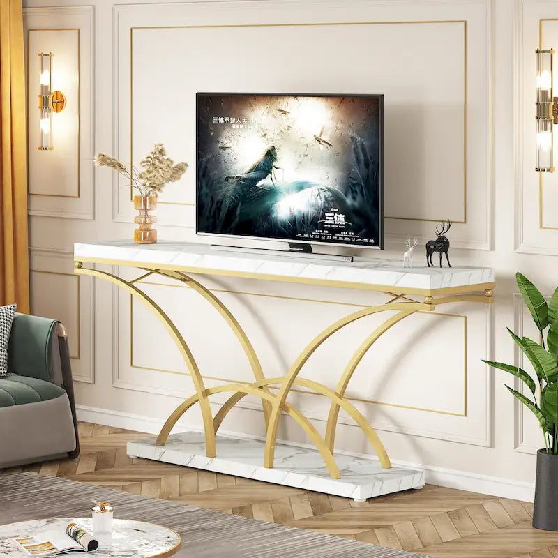 70.9 Inch Console Table with Gold Legs and Faux Marble Top