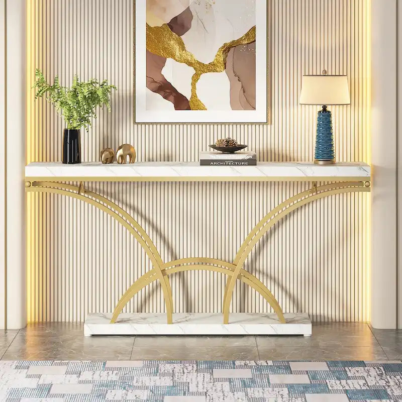 70.9 Inch Console Table with Gold Legs and Faux Marble Top