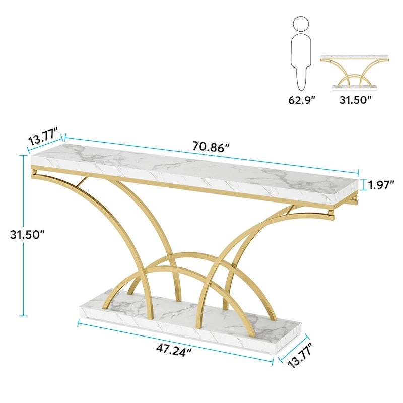 70.9 Inch Console Table with Gold Legs and Faux Marble Top