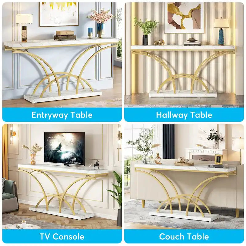 70.9 Inch Console Table with Gold Legs and Faux Marble Top