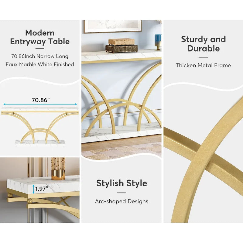 70.9 Inch Console Table with Gold Legs and Faux Marble Top